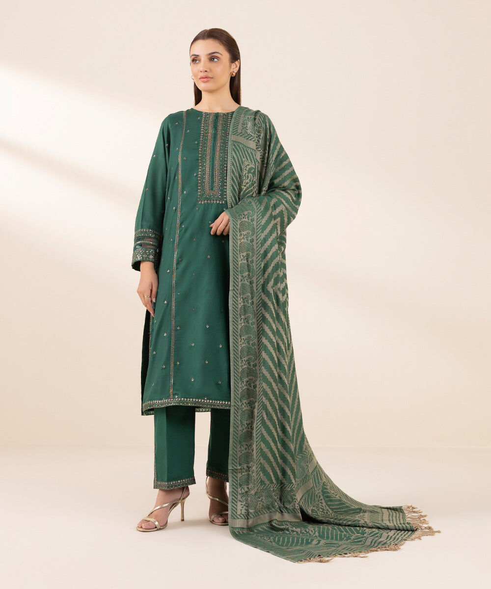 Women's Pret Green Solid Blended Shawl