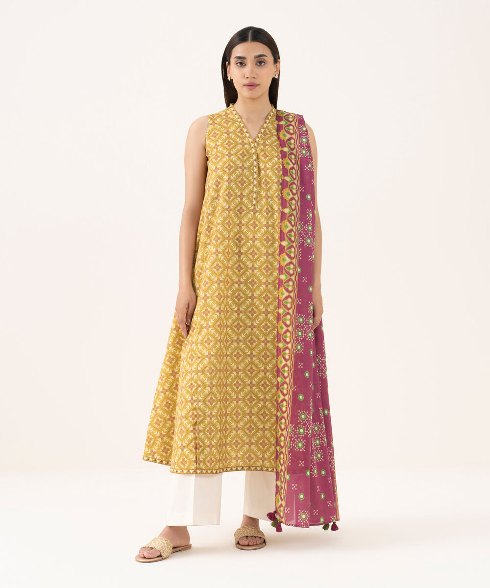 Women's Unstitched Lawn Printed Yellow 2 Piece Suit