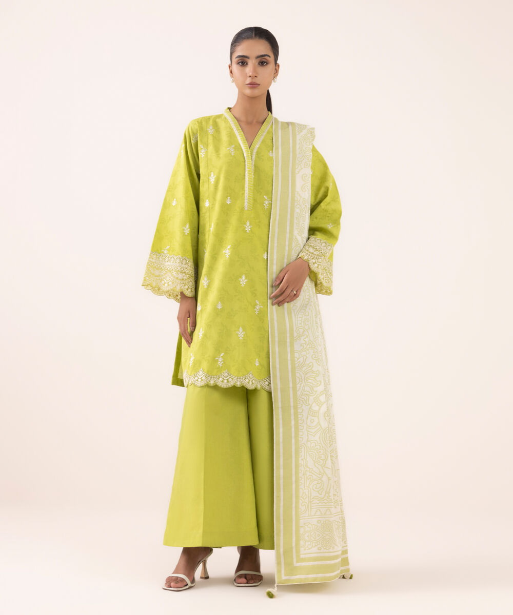Women's Unstitched Jacquard Embroidered Green Three Piece Suit