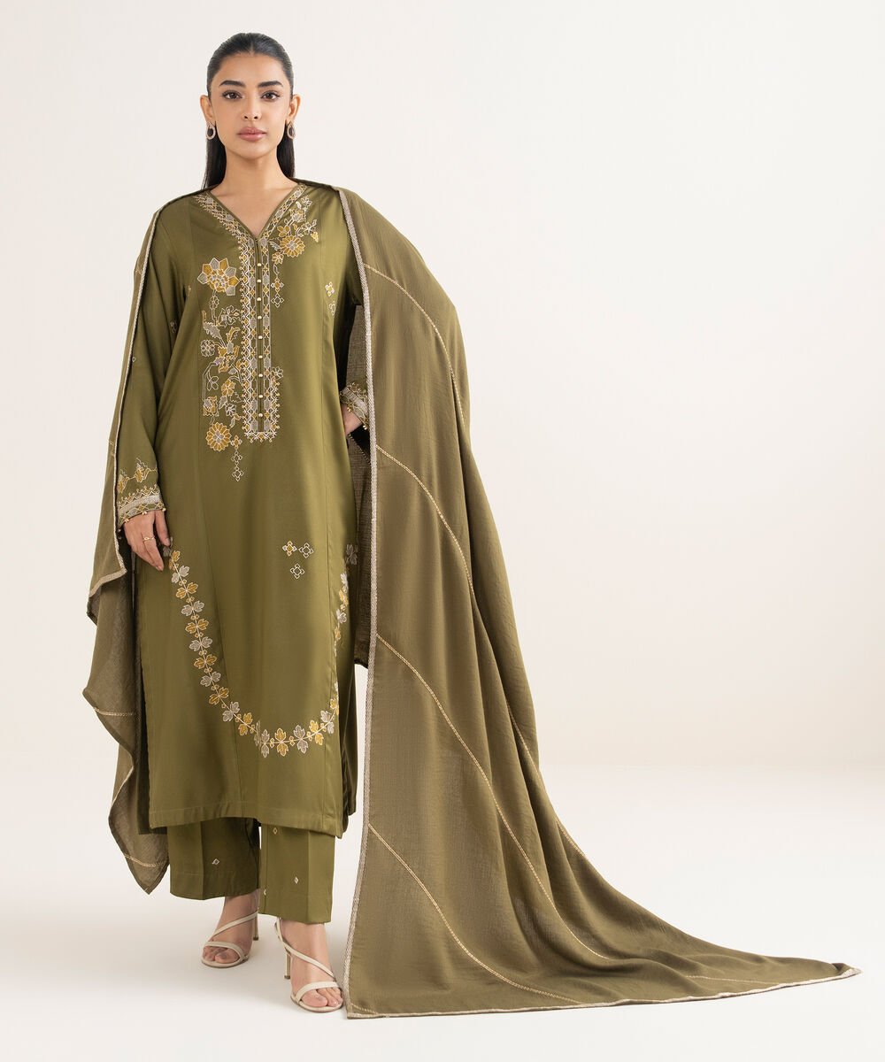 Embroidered Green Blended Shawl