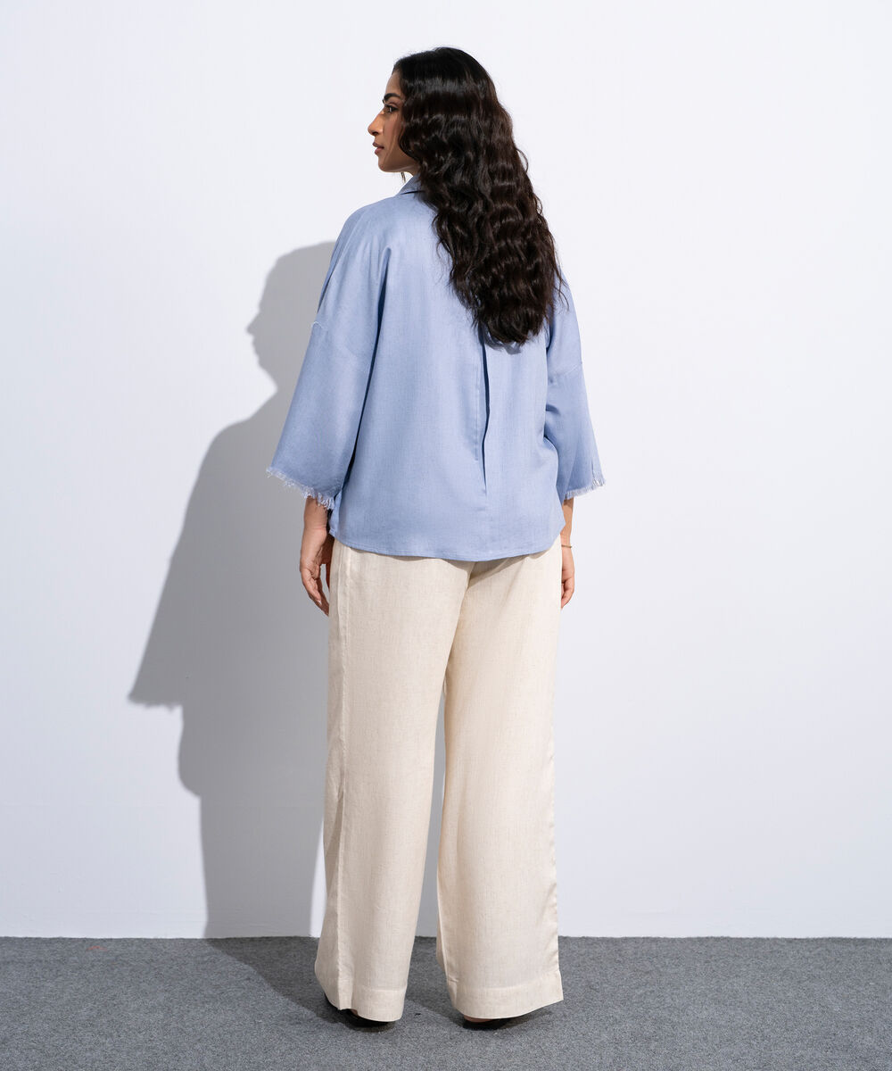 Women's Light Blue Linen Blend V-Neck Top