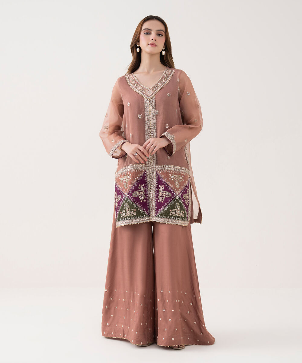 Women's RTW Blended Organza Embroidered Pink 2 Piece Suit