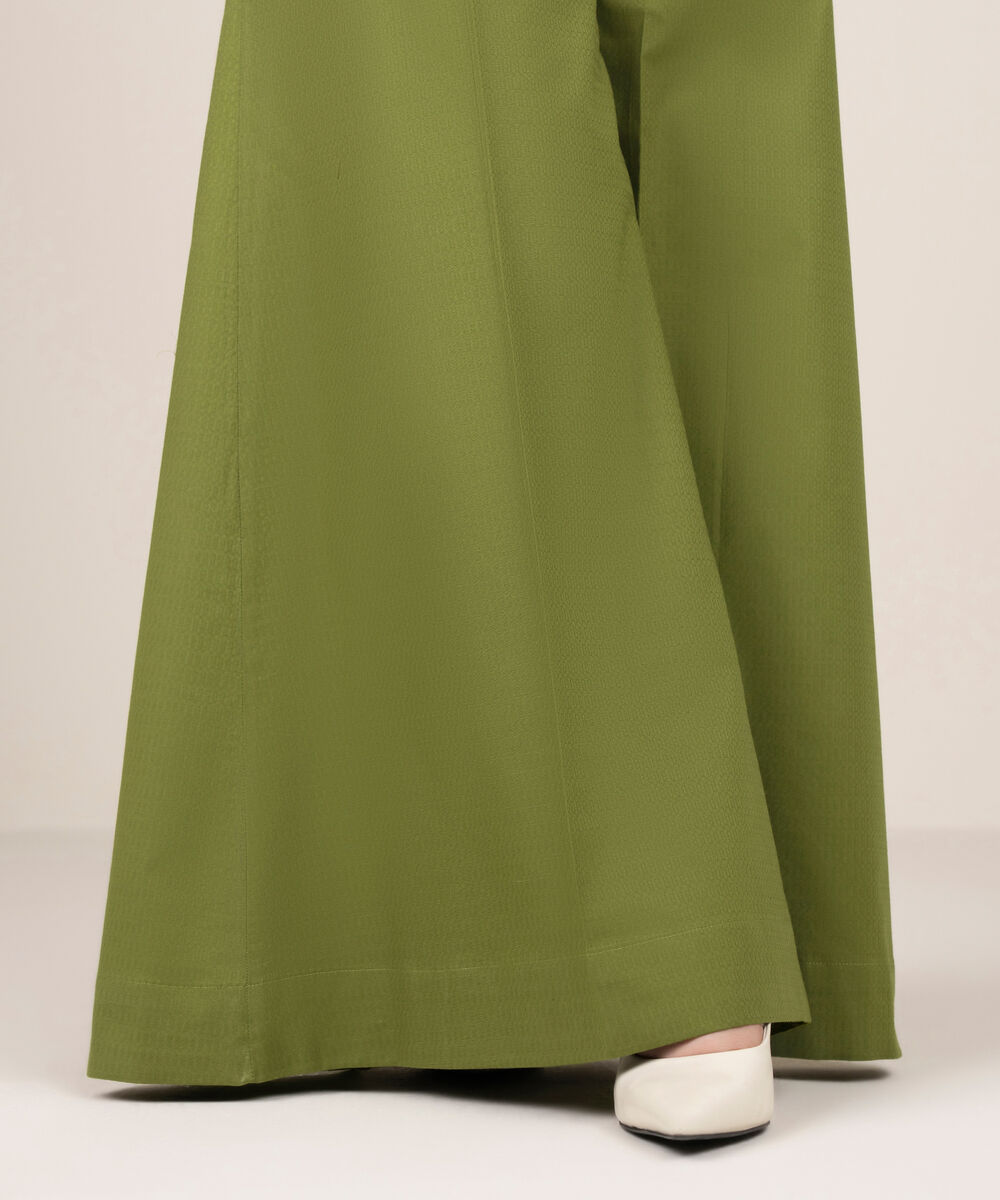 Women's RTW Textured Cotton Solid Green  Flared Pants