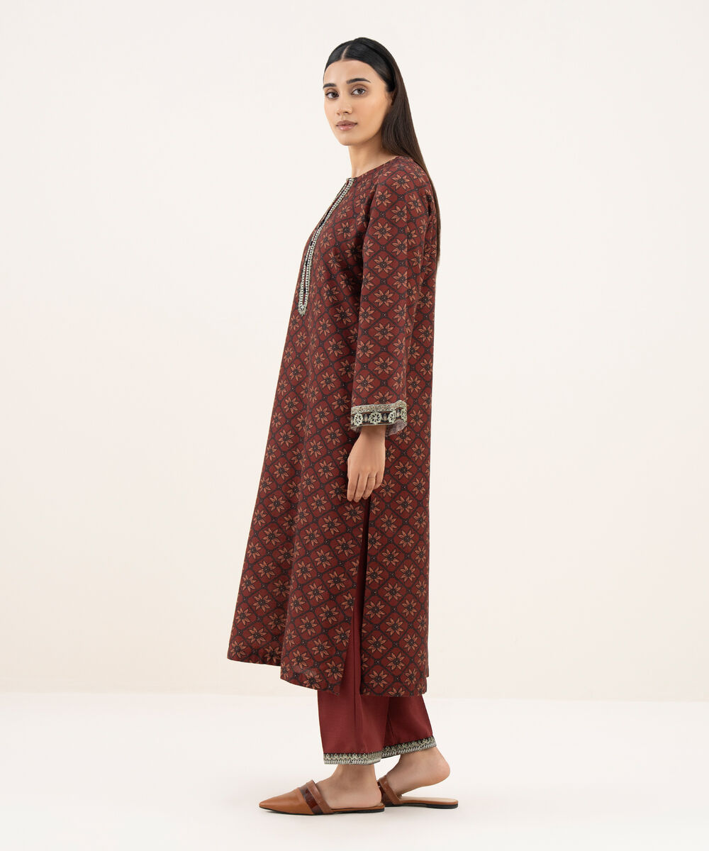 Women's RTW Light Khaddar Embroidered Straight Brown Shirt