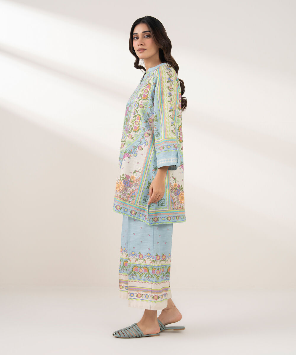 Women's RTW Khaddar Printed Straight Blue Shirt