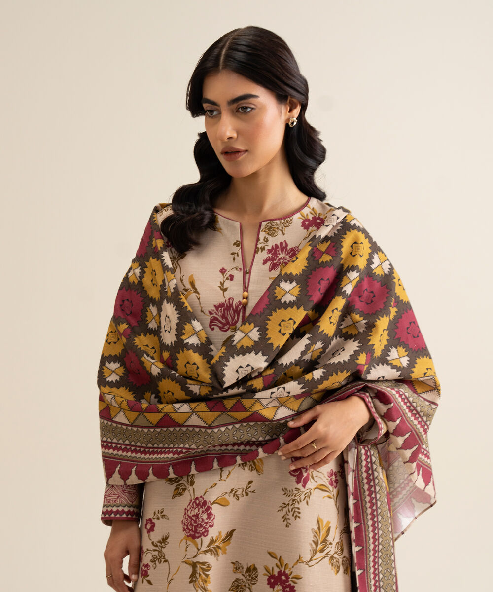 Women's Unstitched Lawn Printed Beige 3 Piece Suit