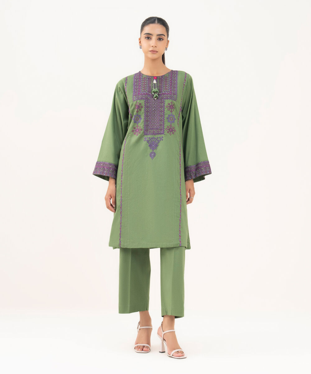 Women's RTW Textured Lawn Green Embroidered A-Line Shirt