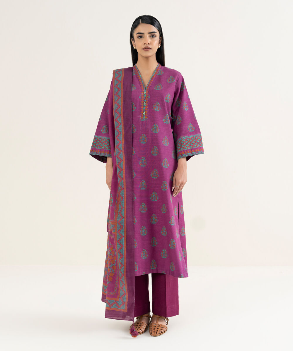 Women's Unstitched Printed Cotton Magenta 3 Piece Suit