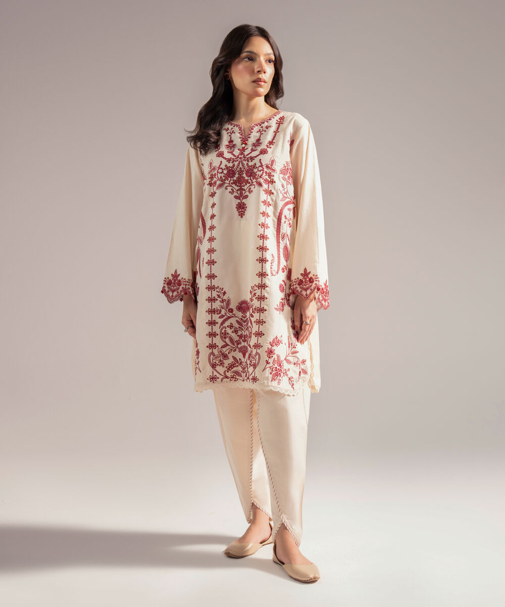 Women's RTW Self Jacquard Embroidered Straight Off White Shirt
