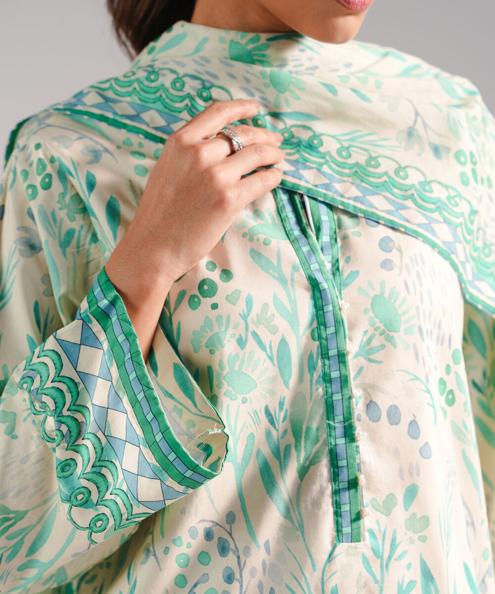 Women's RTW Cotton Viscose Printed Cream 2 Piece Suit