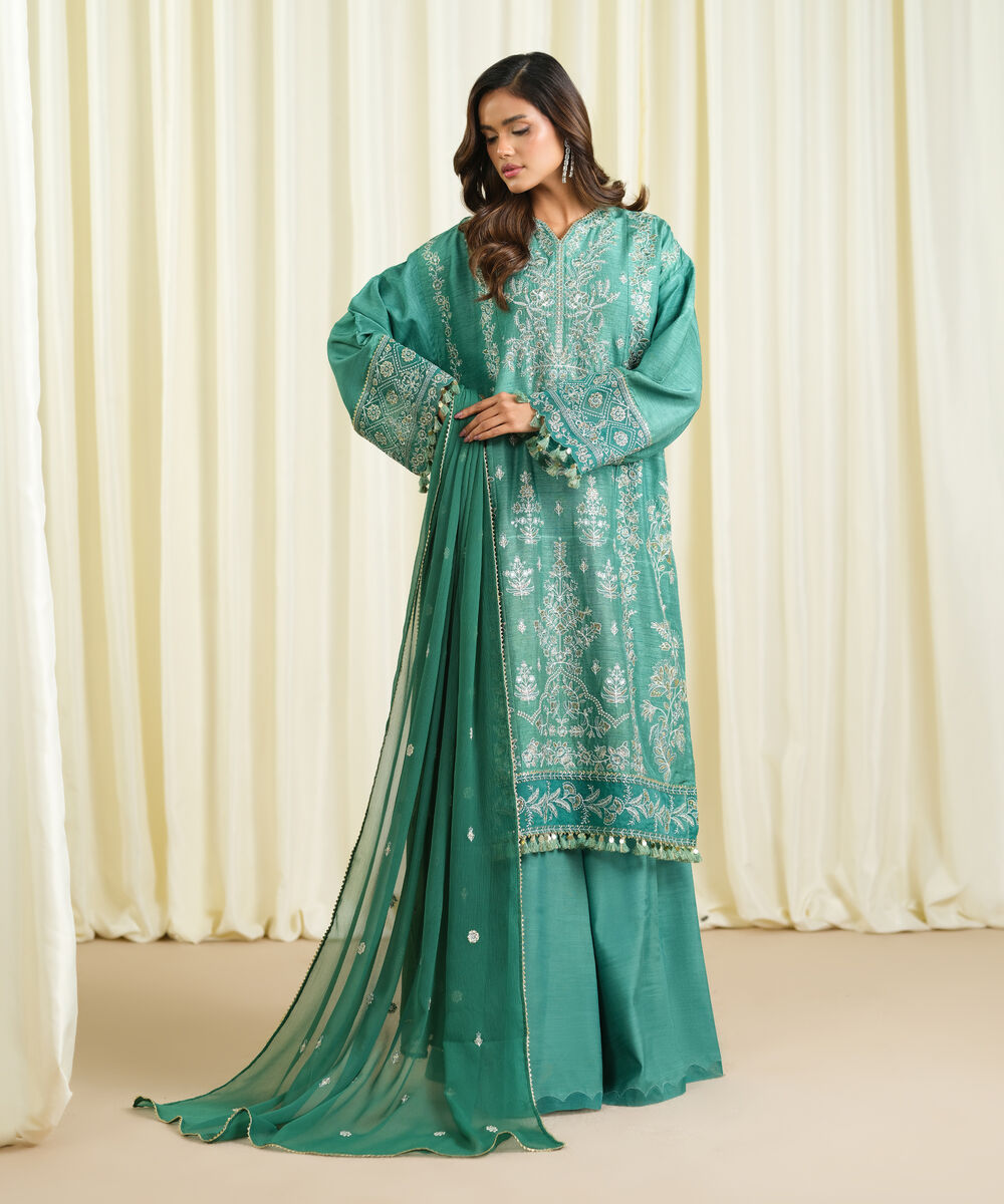 Women's Unstitched Raw Silk Embroidered Green 3 Piece Suit
