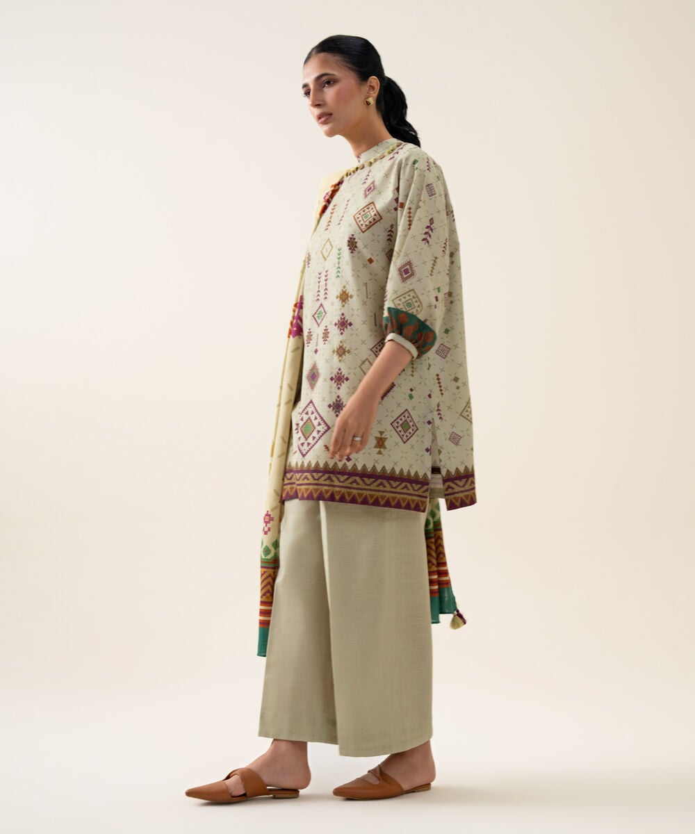 Womens Unstitched Premium Khaddar Printed Beige 3 Piece Suit