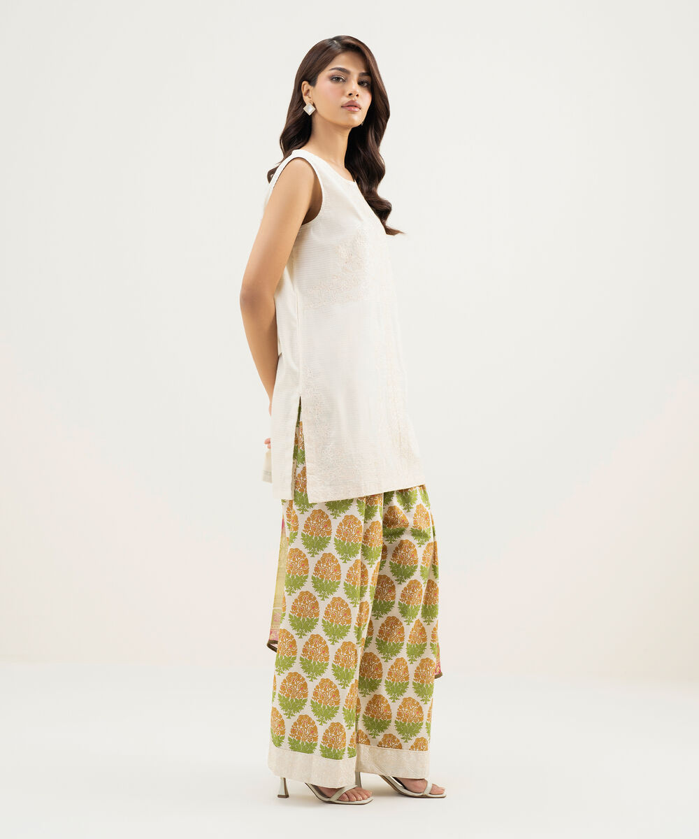 Women's RTW Dobby Embroidered Off White 3 Piece Suit