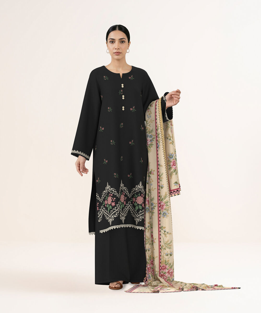 Women's Unstitched Self Jacquard Black Embroidered 3 Piece Suit