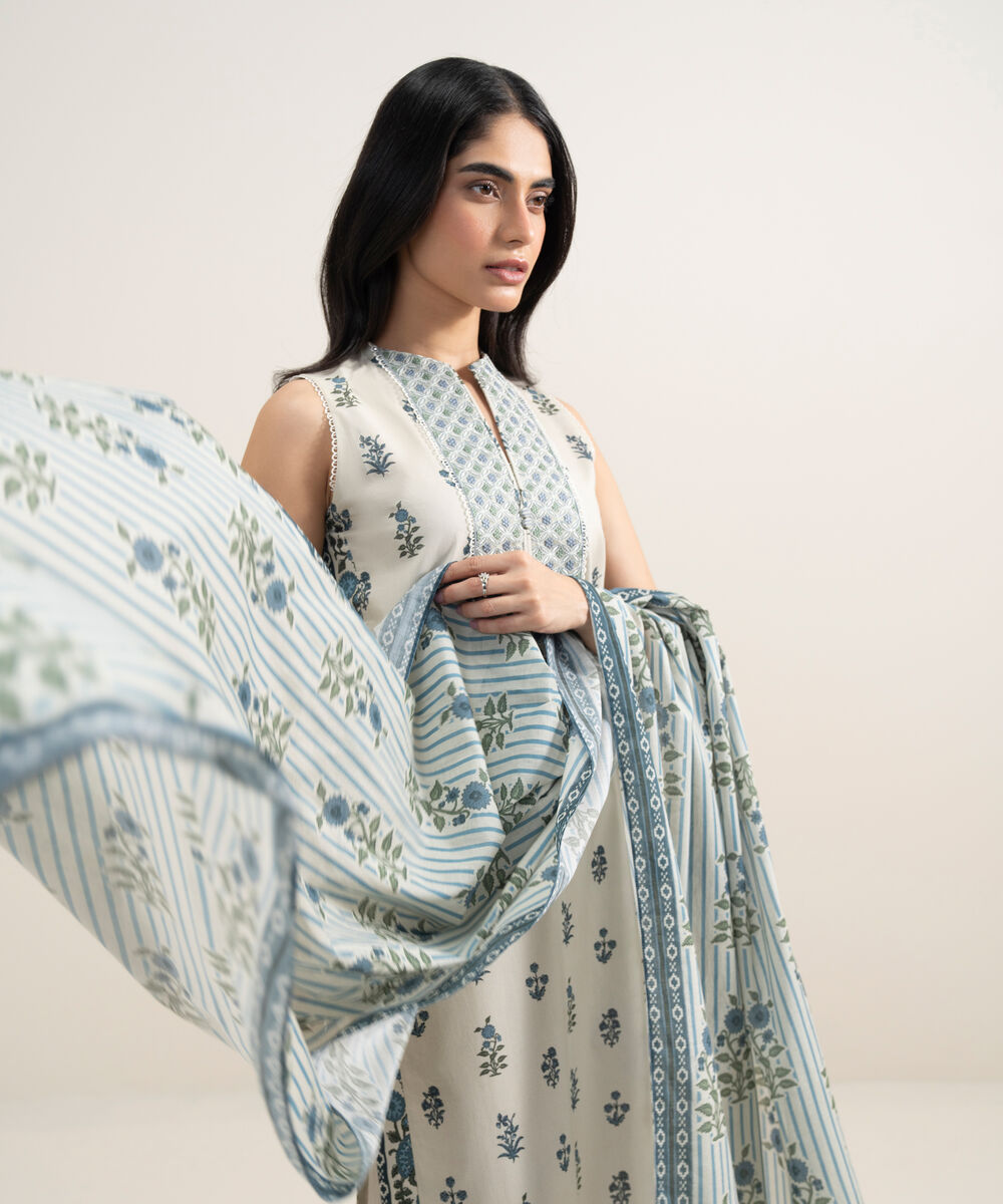 Women's Unstitched Lawn Embroidered Off White and Blue 3 Piece Suit