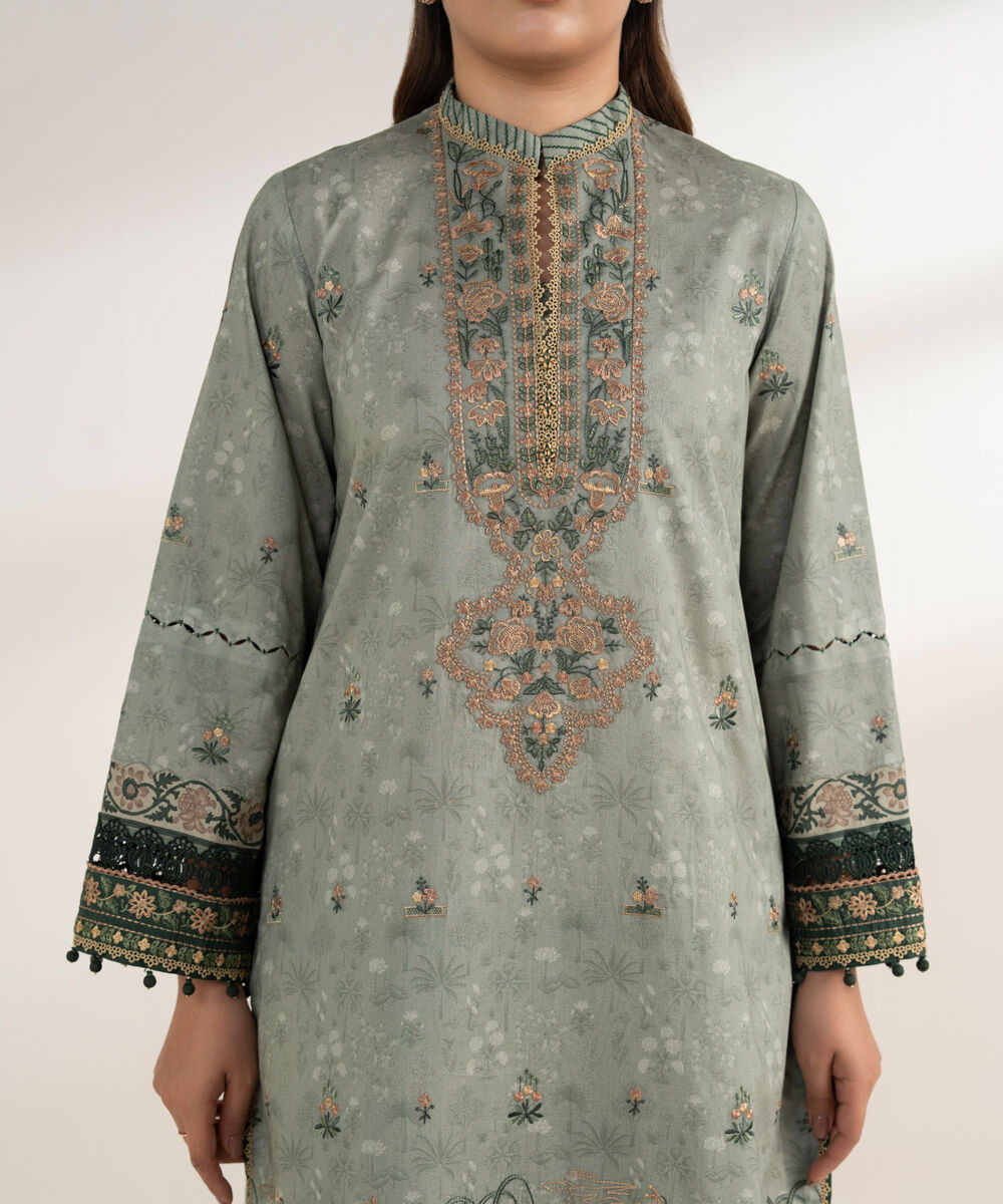 Women's Unstitched Cotton Embroidered Grey 3 Piece Suit