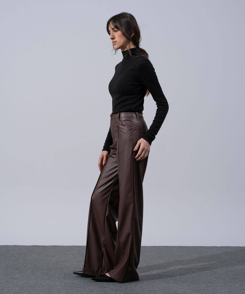 Women's Western Wear Brown Polyester Faux-Leather Straight Fit Trousers