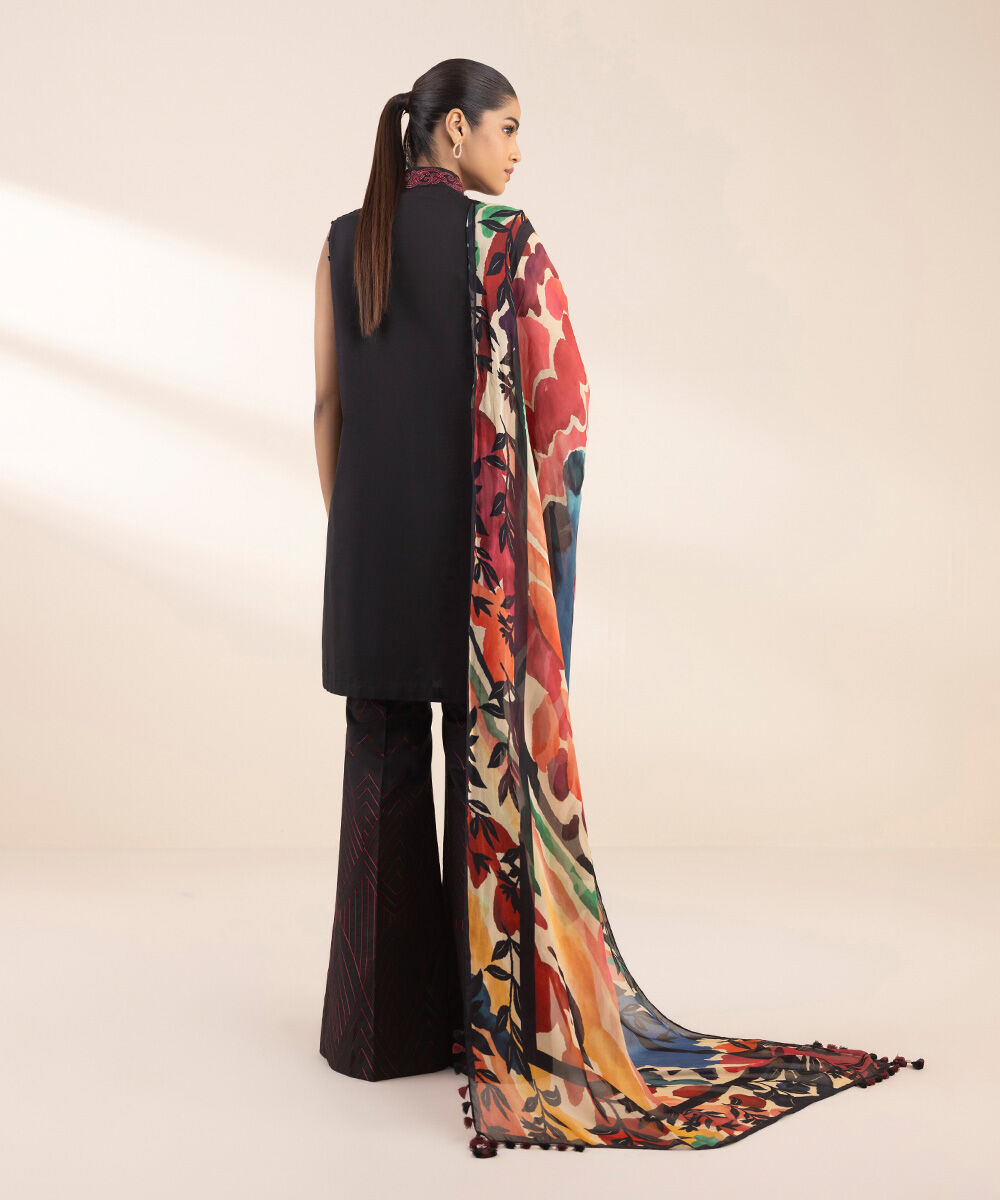 Women's Unstitched Black Cotton 3 Piece Suit