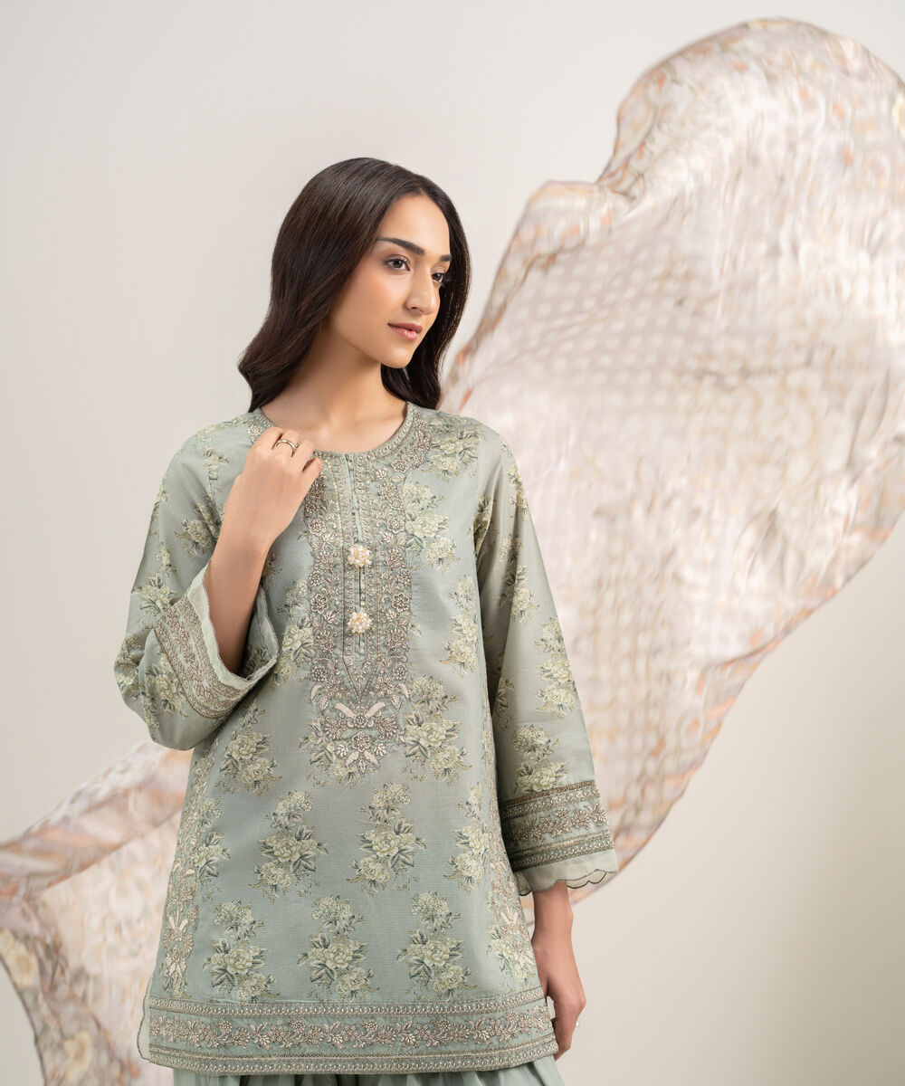 Women's RTW Zari Lawn Embroidered Green 3 Piece Suit