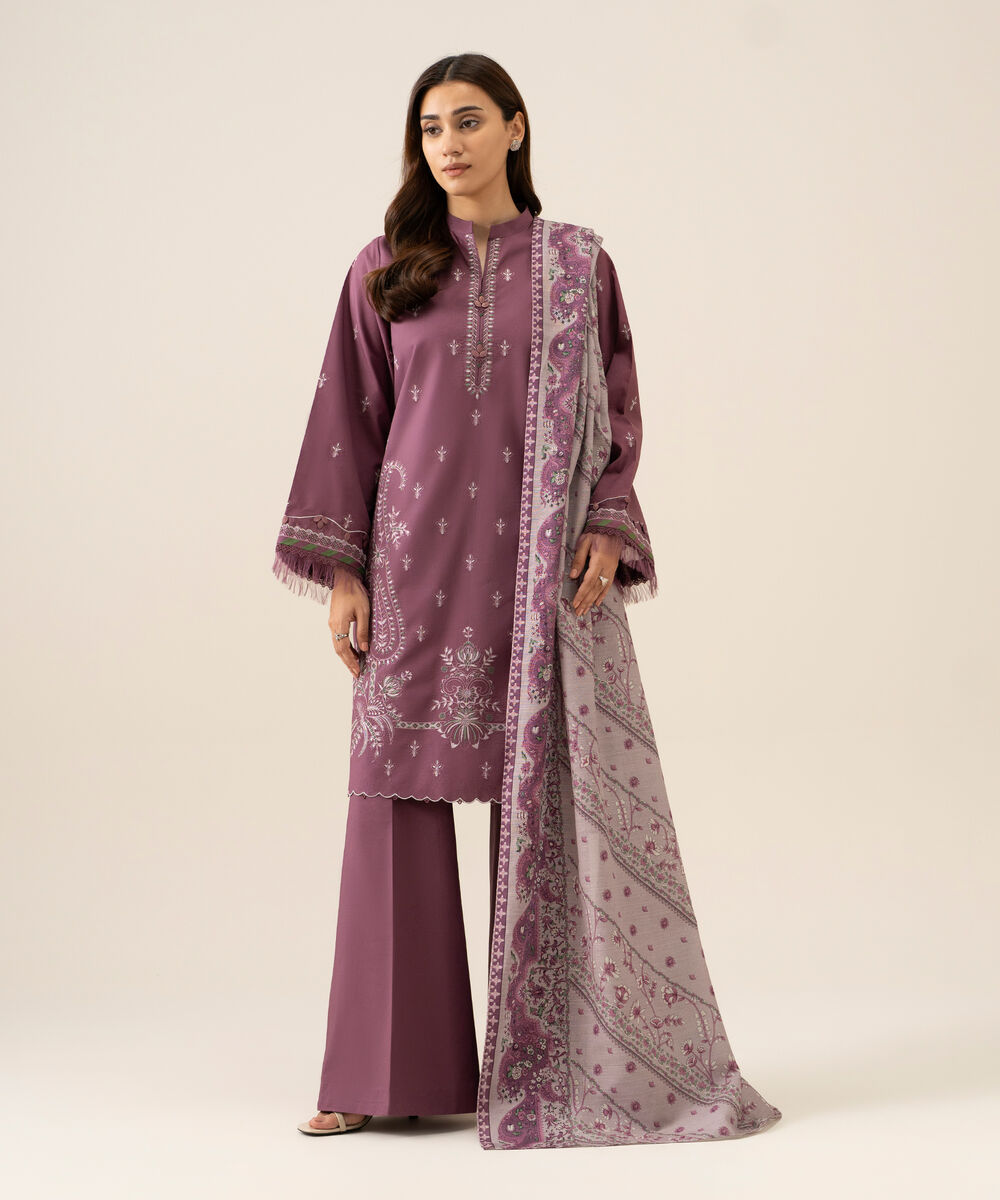 Women's Unstitched Basic Khaddar Embroidered Mauve 3 Piece Suit