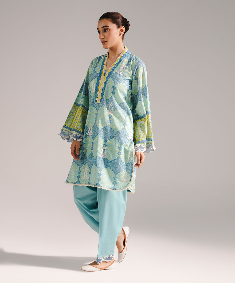 Women's RTW Slub Lawn Embroidered Straight Blue Shirt