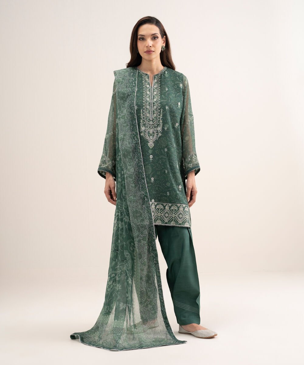 Women's Unstitched Blended Chiffon Embroidered Green 3 Piece Suit
