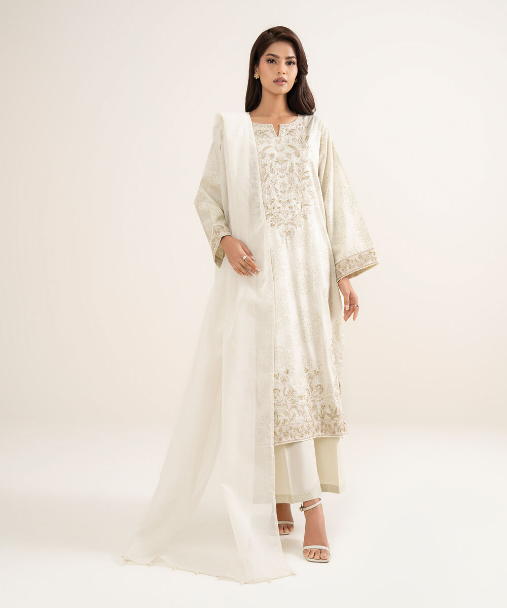 Women's RTW Lawn Embroidered Beige A-Line Shirt