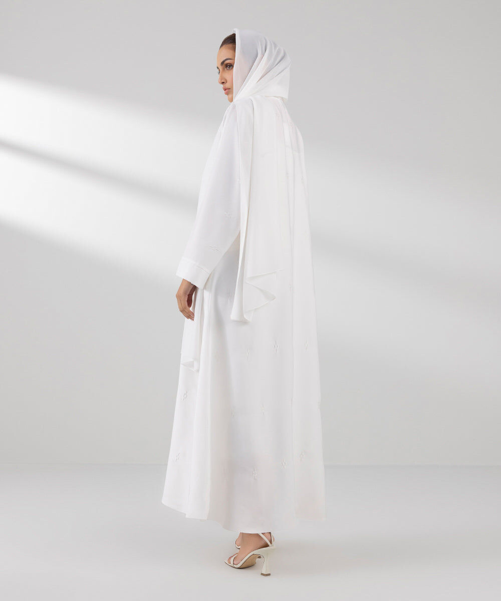 Woman - White Embroidered Button Through Abaya Set