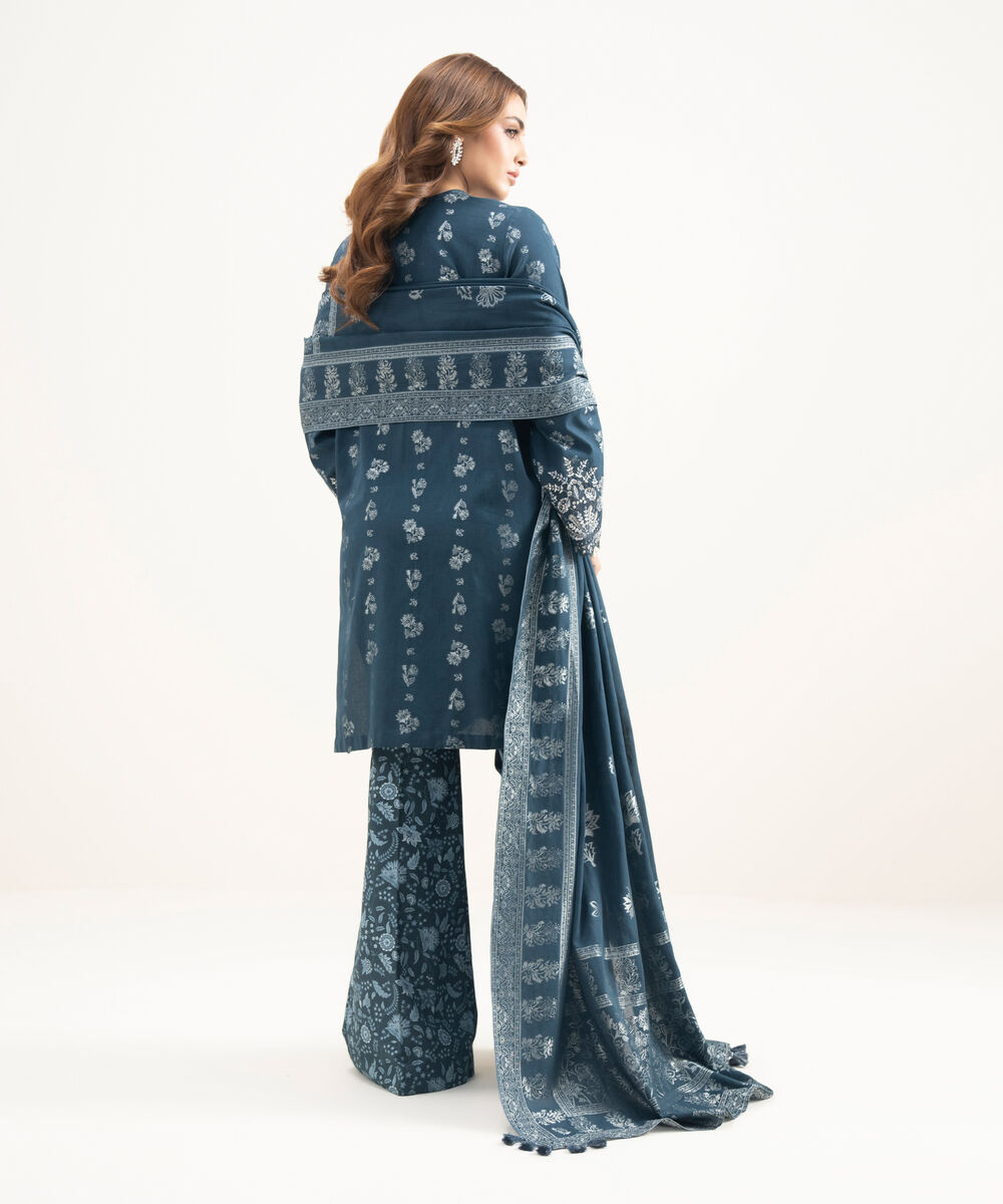 Women's Unstitched Extra Weft Jacquard Embroidered Blue 3 Piece Suit