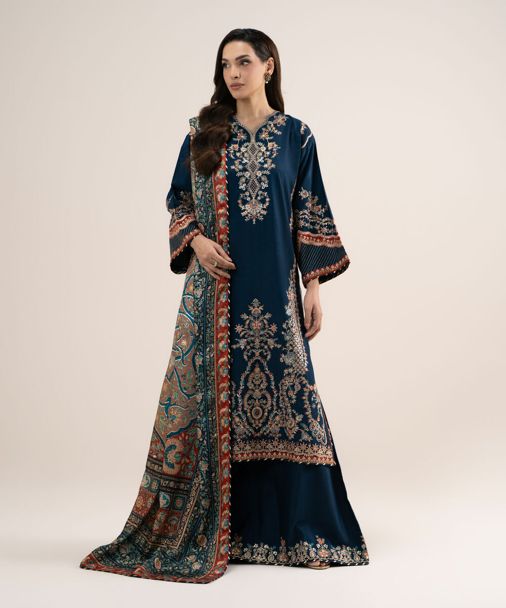 Women's Unstitched Embroidered Blended Raw Silk Blue 3 Piece Suit