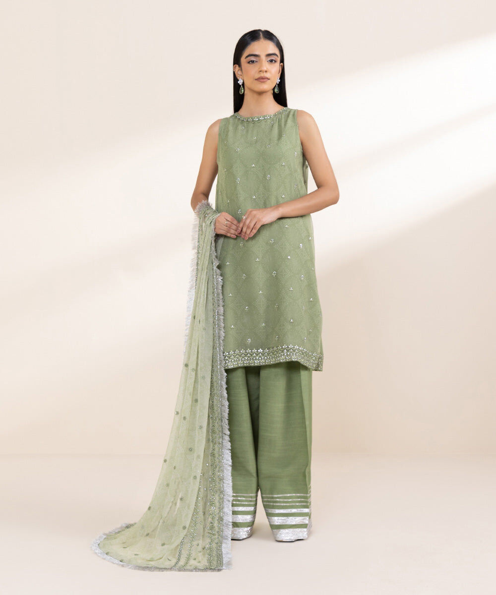 Women's Unstitched Embroidered Moss Green Viscose Chiffon Three Piece Suit