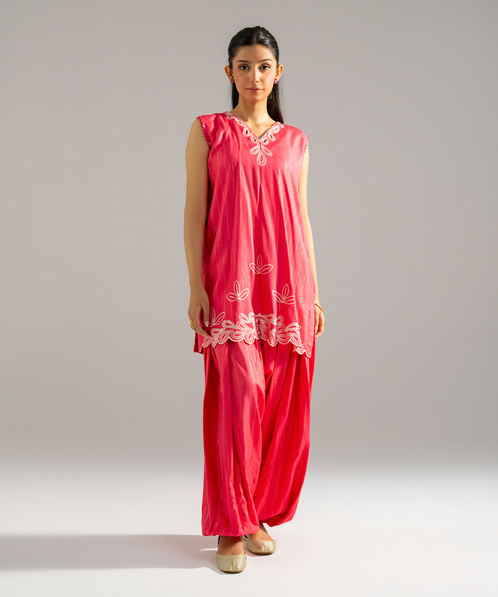 Women's RTW Dobby Crepe Lurix Solid Embroidered Pink Straight Shirt