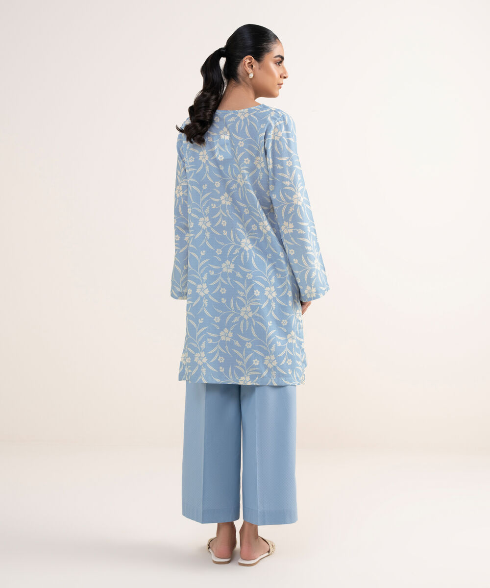 Women's RTW Textured Lawn Blue Embroidered A-Line Shirt