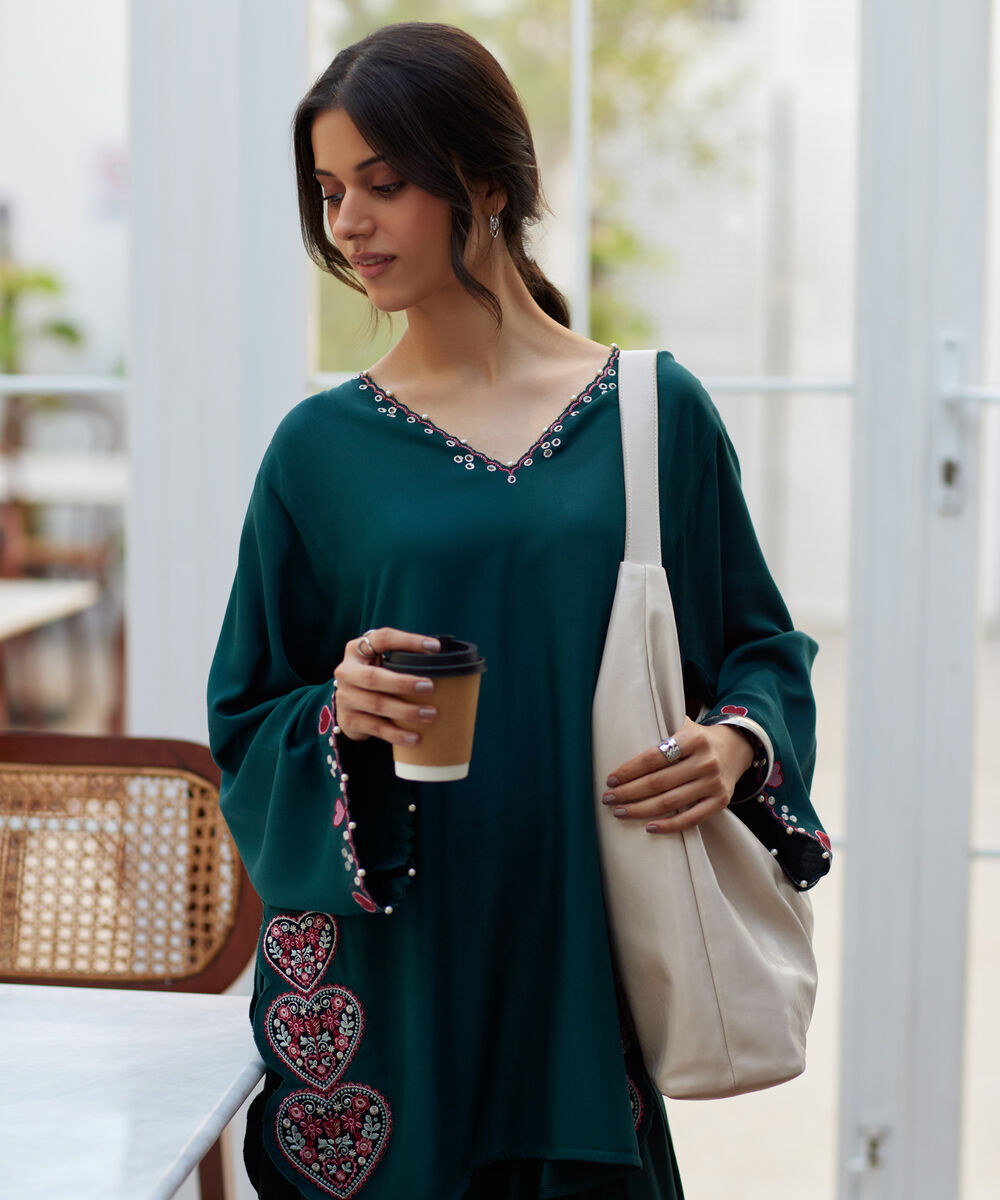 Women's RTW Bedford Embroidered Green Boxy Shirt