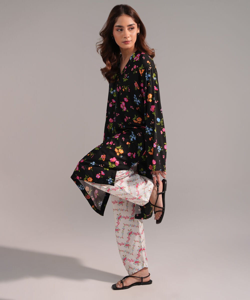 Women's RTW Arabic Lawn Printed Black Straight Shirt