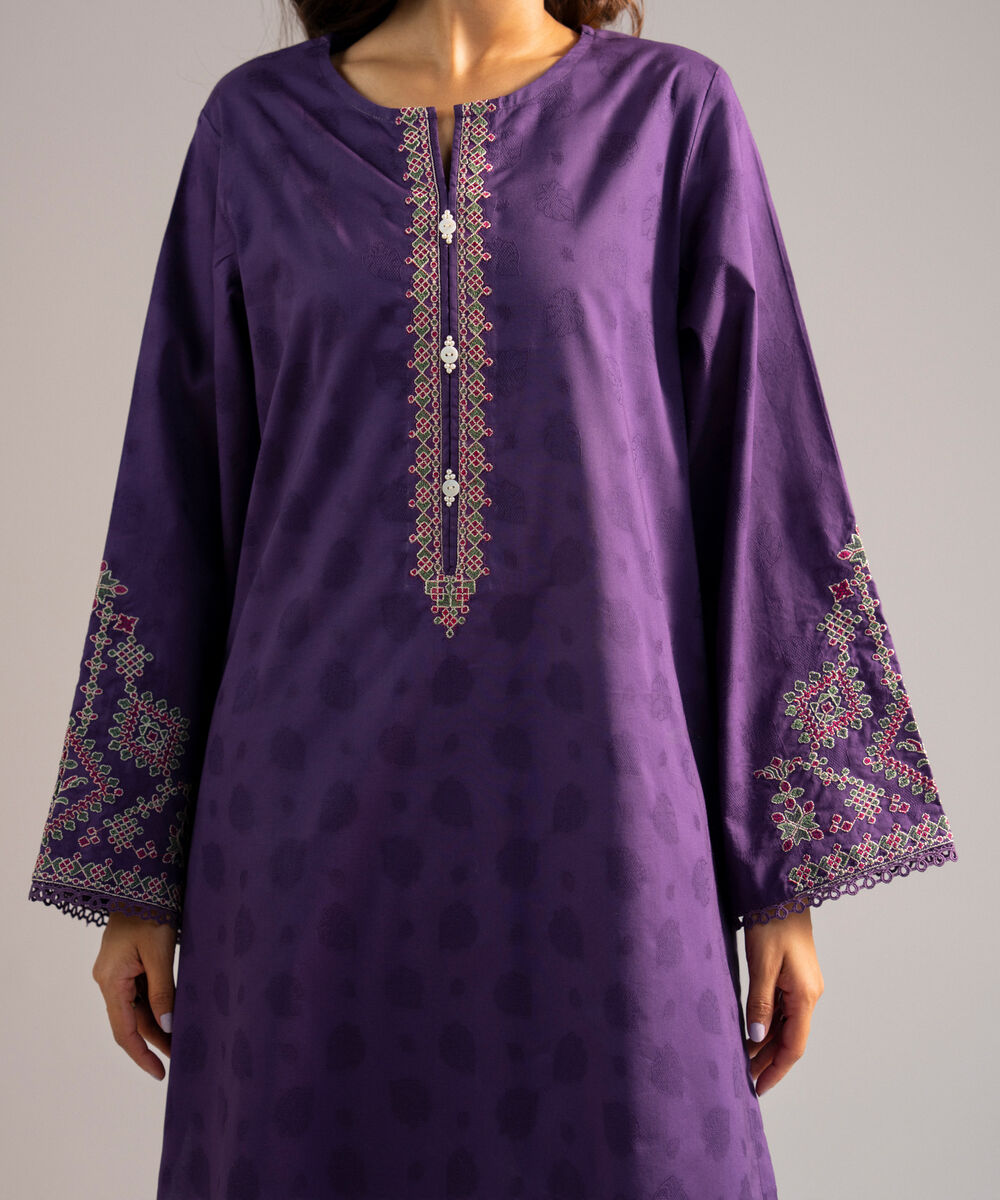 Women's RTW Self Jacquard Embroidered Purple 3 Piece Suit