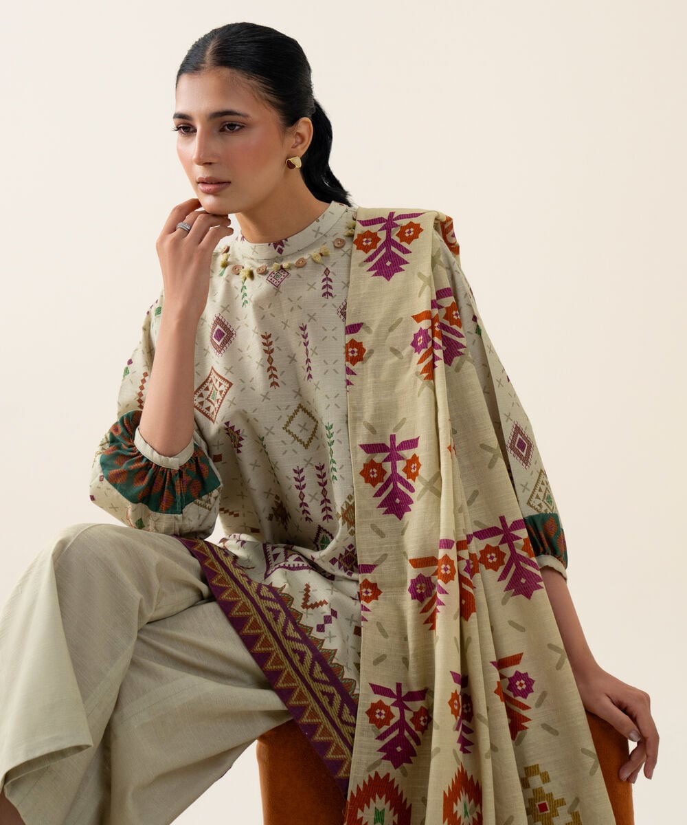 Womens Unstitched Premium Khaddar Printed Beige 3 Piece Suit