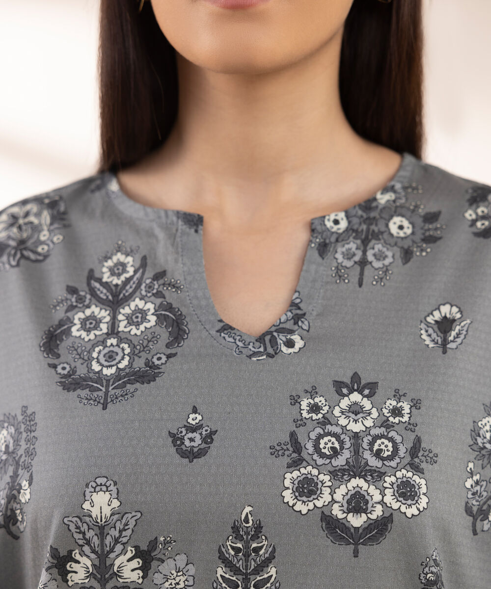 Women's RTW Dobby Grey Printed Boxy Shirt