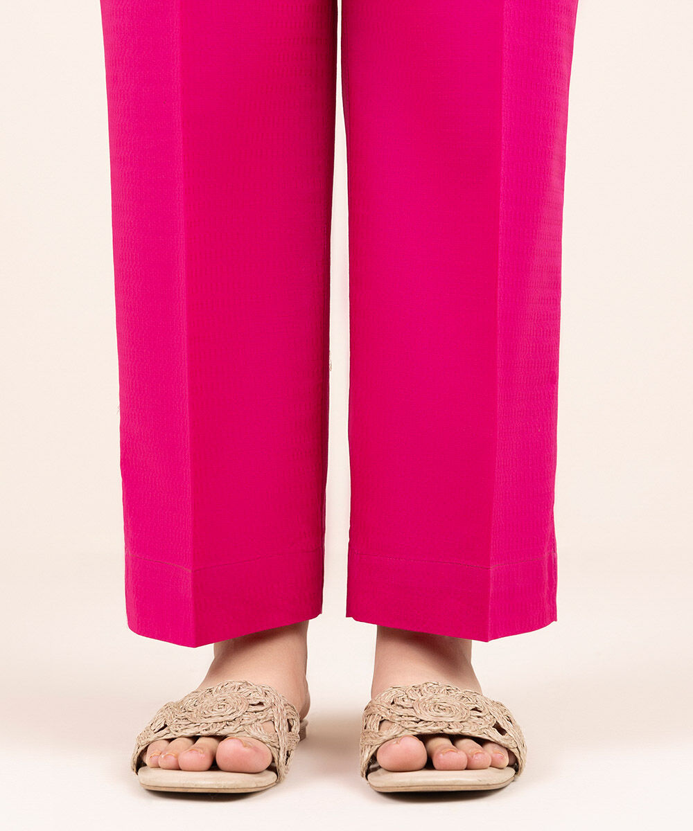 Woman - Pink Solid Cotton Straight Pants