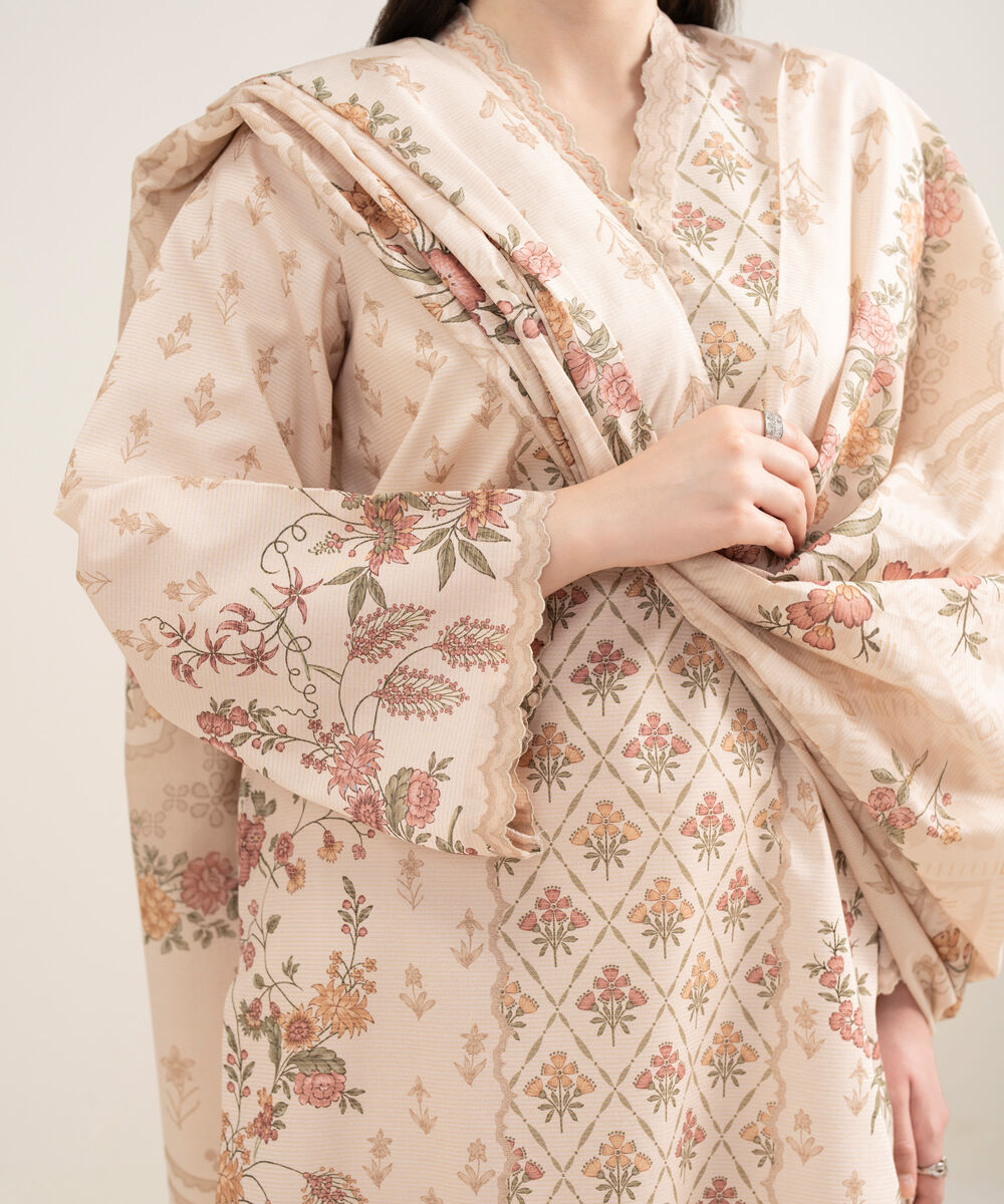 Women's Unstitched Zari Lawn Printed Pink 3 Piece Suit