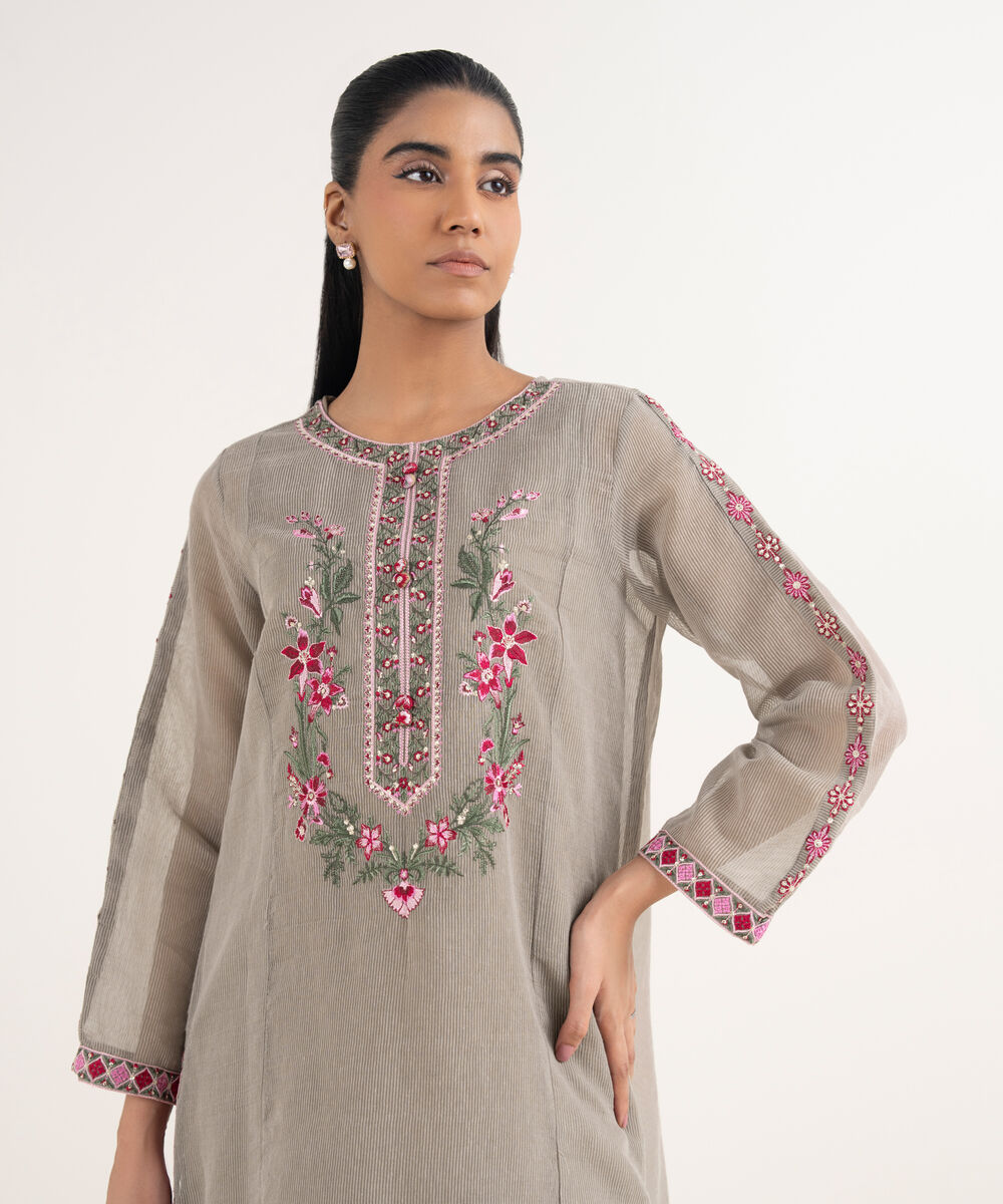Women's RTW Blended Textured Karandi Embroidered Straight Grey Shirt
