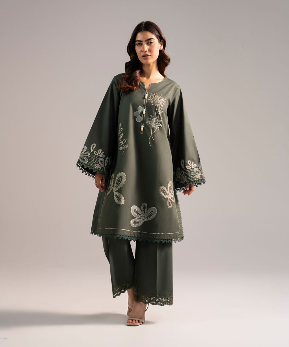 Women's RTW Cambric Embroidered Dark Green A-Line Shirt