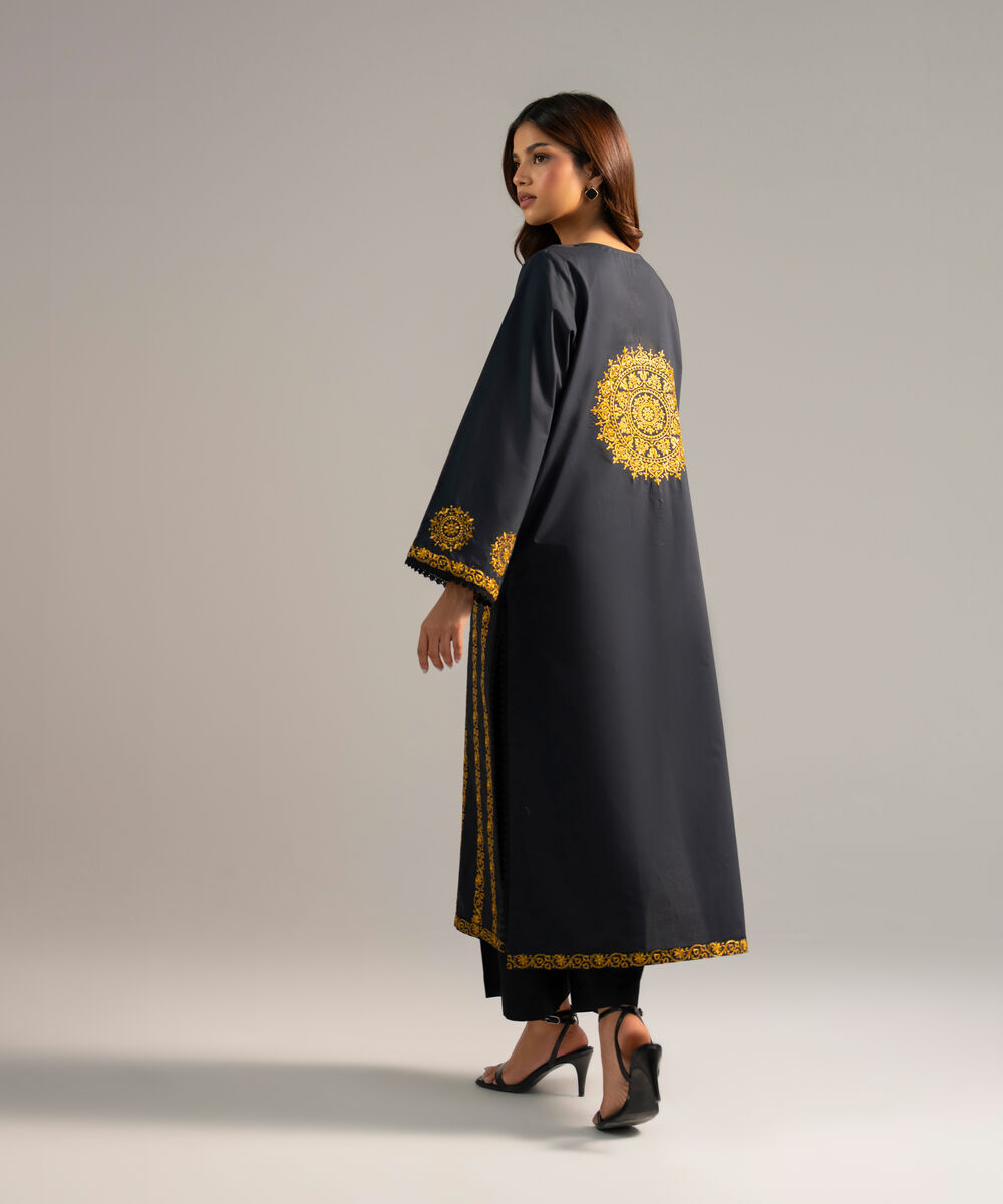 Women's RTW Poplin Embroidered Black Straight Shirt