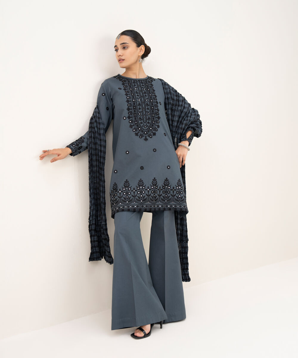 Women's Unstitched Cotton Embroidered Grey 3 Piece Suit