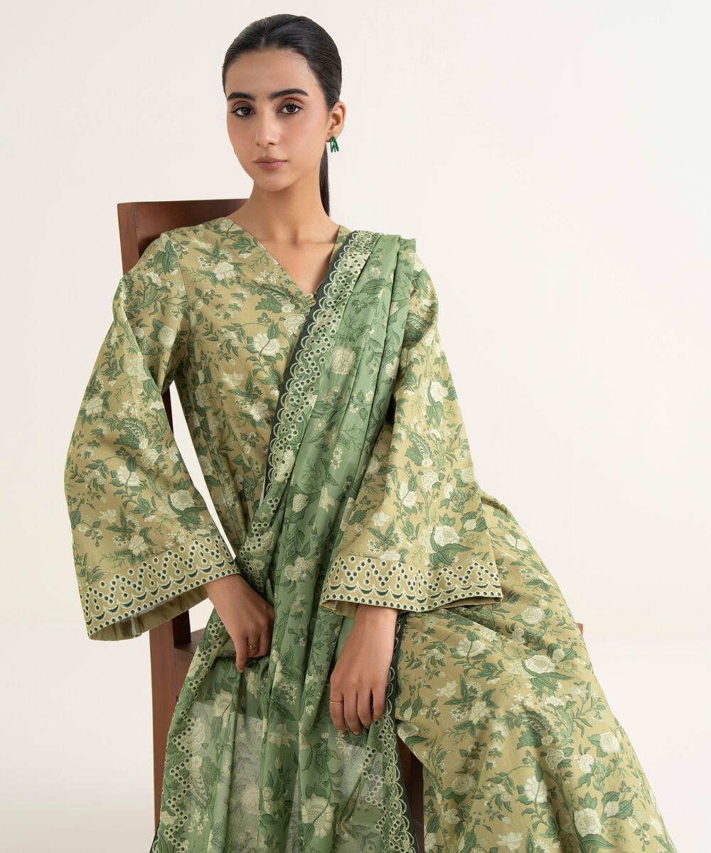 Women's Unstitched Cotton Printed Beige  Three Piece Suit