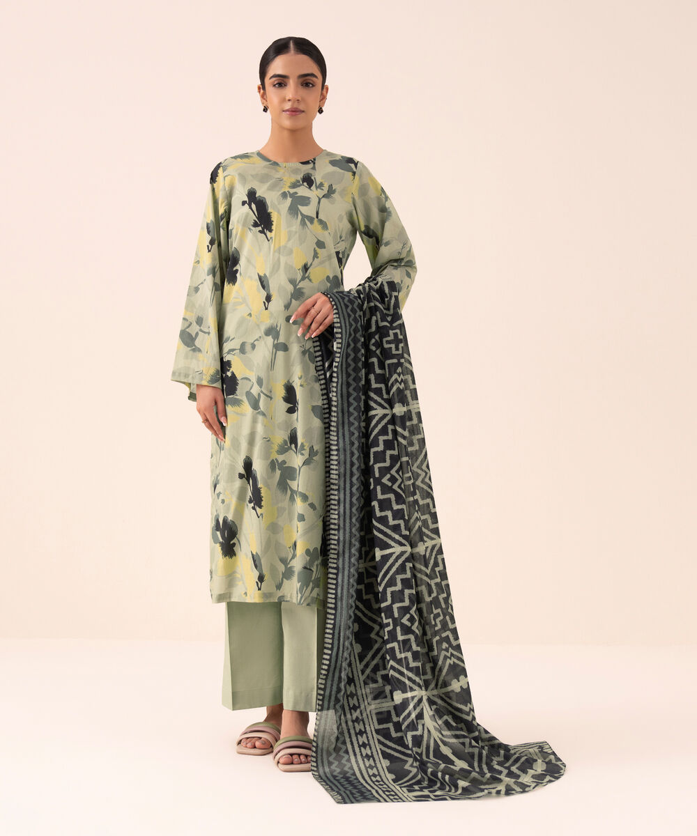 Women's Unstitched Cotton Printed Multi Three Piece Suit