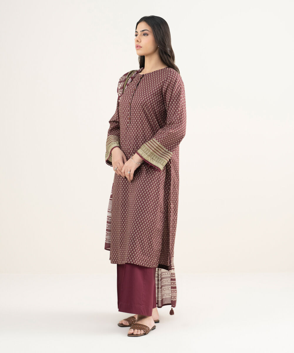 Women's RTW Lawn Printed Maroon 3 Piece Suit