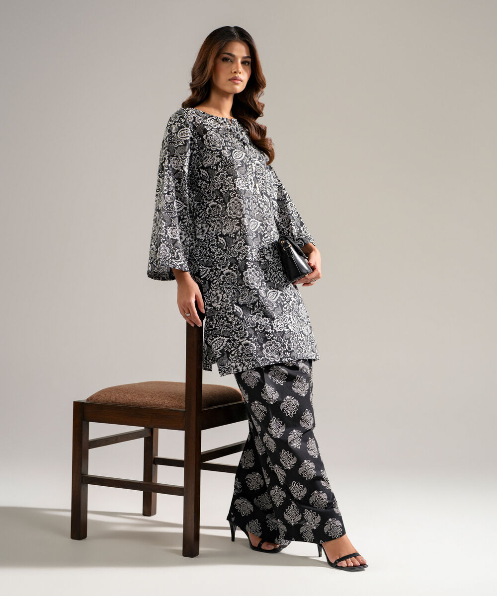Women's RTW Lawn Printed Black Straight Shirt