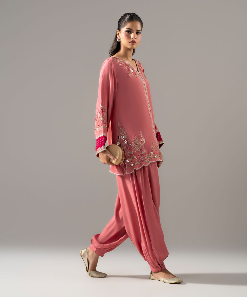 Women's RTW Thai Silk Solid Embroidered Pink 2 Piece Suit