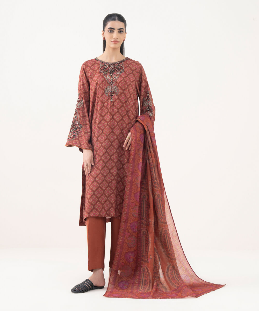 Women's RTW Textured Viscose Embroidered Rust 3 Piece Suit